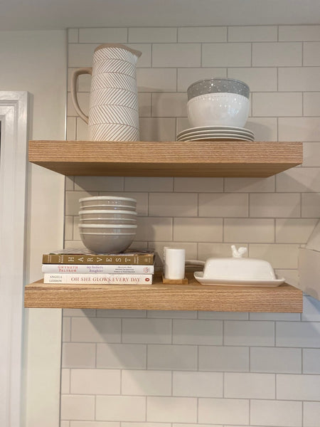 Handcrafted Solid White Oak Floating Shelves with Steel Wall Mounting Brackets