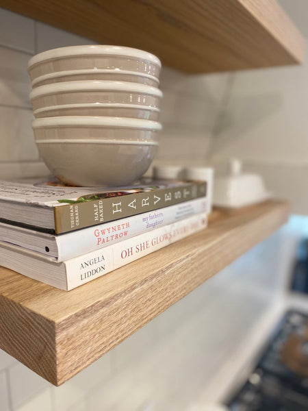 Handcrafted Solid White Oak Floating Shelves with Steel Wall Mounting Brackets