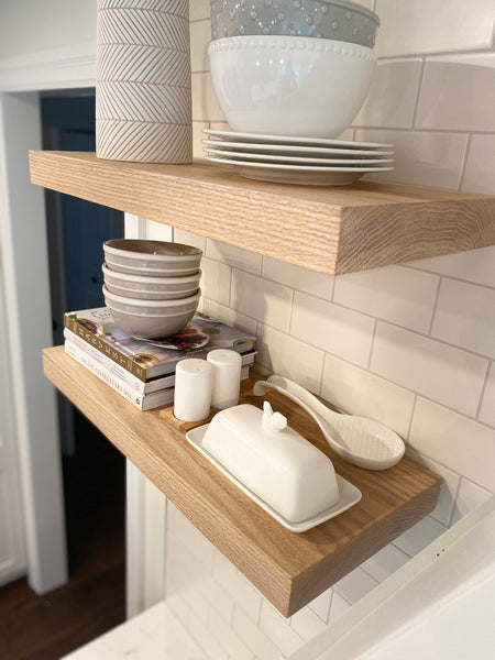 Handcrafted Solid White Oak Floating Shelves with Steel Wall Mounting Brackets