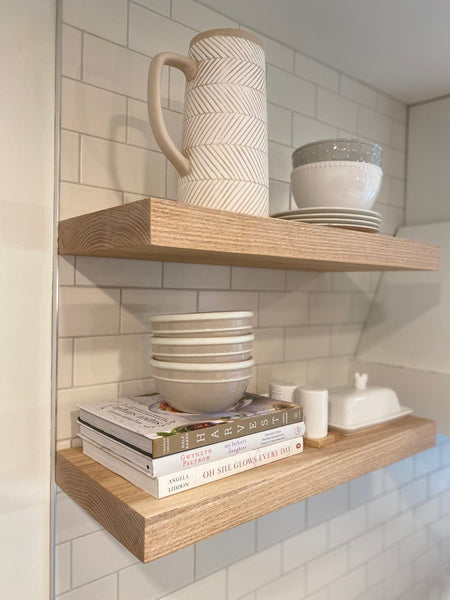 Handcrafted Solid White Oak Floating Shelves with Steel Wall Mounting Brackets