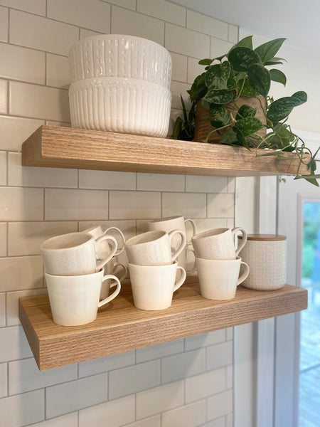 Handcrafted Solid White Oak Floating Shelves with Steel Wall Mounting Brackets