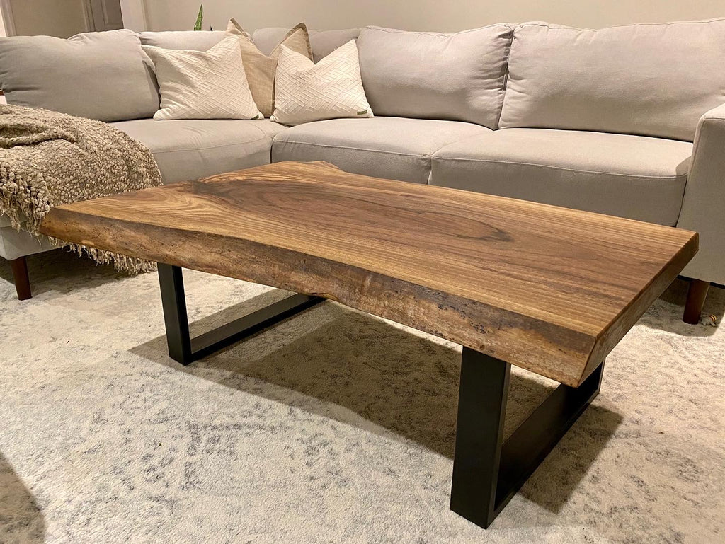 Angled side View, Live Edge Walnut Coffee Table, Metal Legs
