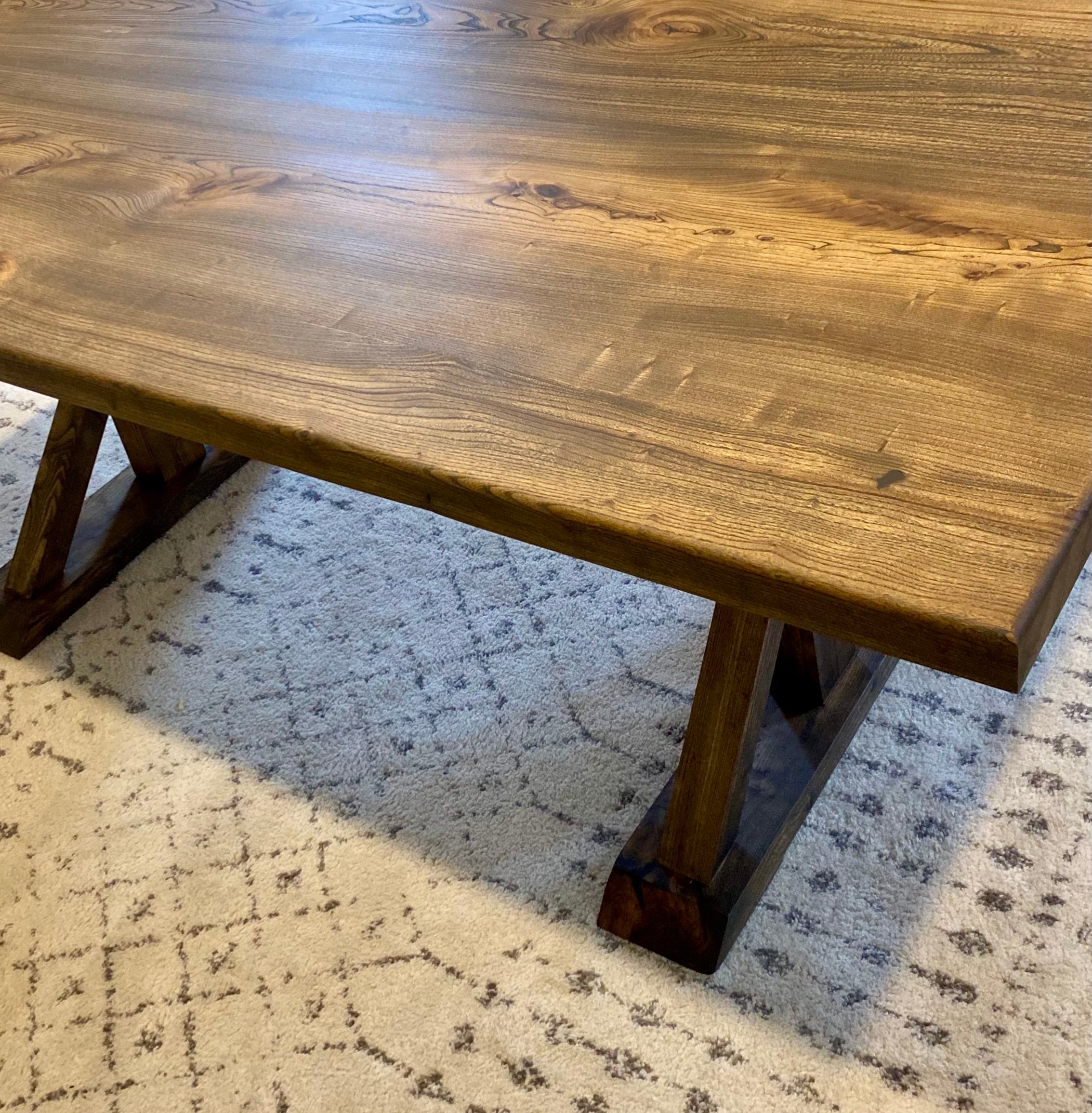 Solid Elm Dining Table with Trestle Legs