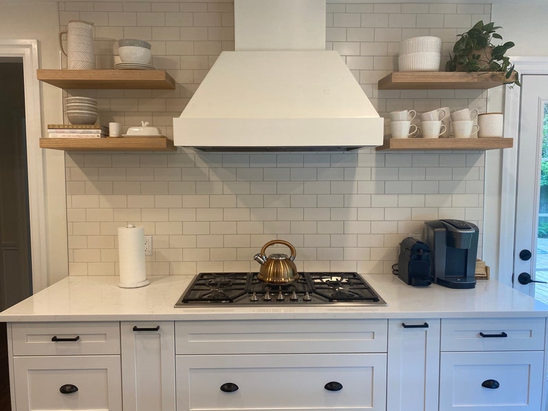 Handcrafted Solid White Oak Floating Shelves with Steel Wall Mounting Brackets