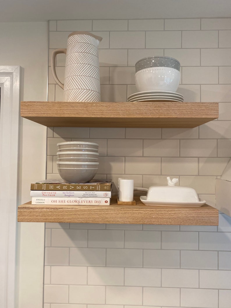 Handcrafted Solid White Oak Floating Shelves with Steel Wall Mounting Brackets