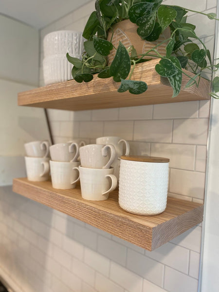 Handcrafted Solid White Oak Floating Shelves with Steel Wall Mounting Brackets